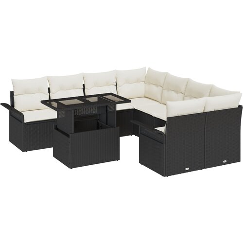 VidaXL 9-dijelni vrtni sofa set s jastucima - Crni poli ratan, 2-sjedalna vrtna sofa s skladi&amp;scaron;tem i jastucima - Crni poli ratan Slike