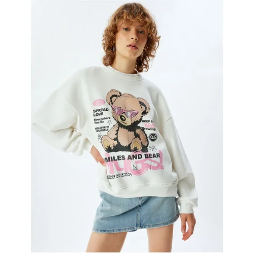 Koton Oversize Sweatshirt Bear Themed Back Printed Crew Neck Raised