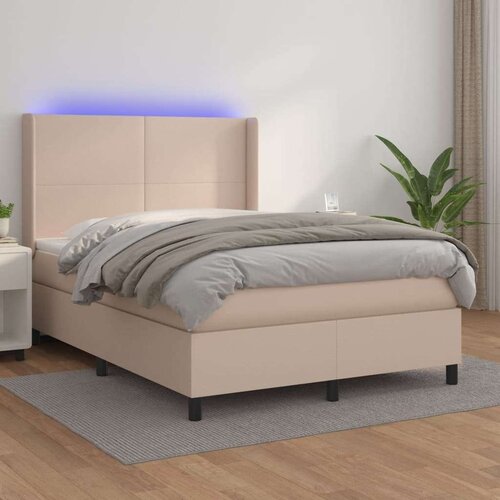  Krevet box spring madrac LED cappuccino 140x200cm umjetna koža Slike