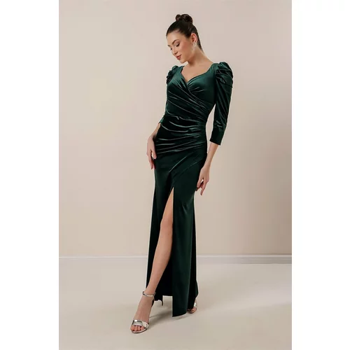 By Saygı Pleated Long Corduroy Dress with a Slit Emerald