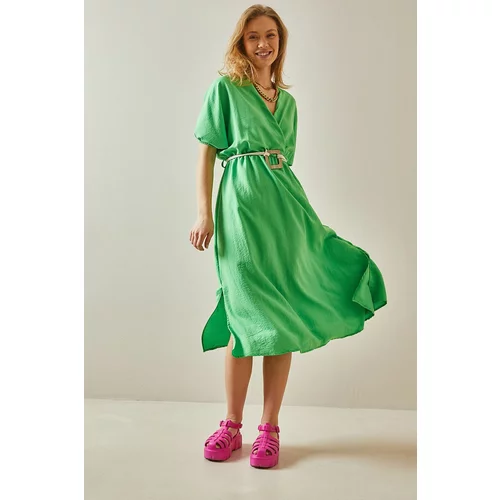 XHAN Green Balloon Sleeve Portable Belt Midi Dress