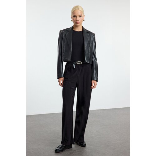 Trendyol Black Straight Pleated Flexible Knitted Trousers Slike