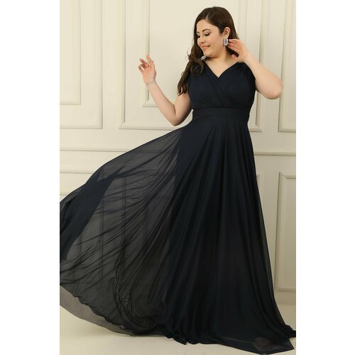 By Saygı Double Breasted Neck Lined Nail Sleeve Full Circle Flared Chiffon Tulle Plus Size Long Dress Cene