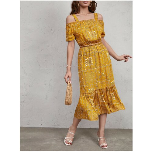 armonika Women's Mustard Checkered Floral Patterned Strapless Elastic Waist Dress Cene