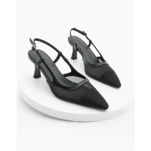 Marjin Women's Stiletto Pointed Toe Open Back Mesh Heeled Shoes Bevon Black Slike