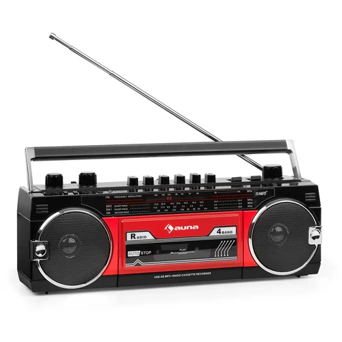 Auna Duke MKII, kasetofon, radio, BT, USB, SD, teleskopska antena, črn/rdeč