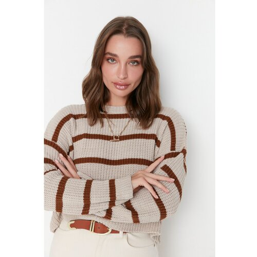 Trendyol Stone Striped Crop Knitwear Sweater Slike