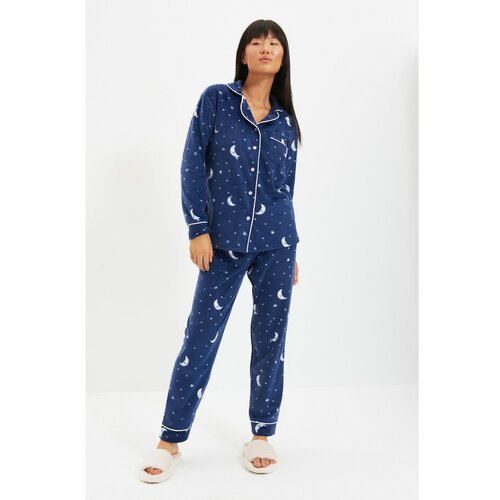Trendyol Navy Blue Moon Pattern Knitted Pajamas Set Slike