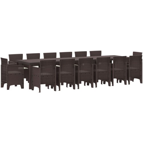 VidaXL 15-delna jedilna garnitura za vrt z blazinami Rjava Poli ratan, vrtna miza Rjava 200x100x73 cm Poli ratan, vrtna miza Rjava 150x100x73 cm Poli ratan, vrtni stoli z blazinami 2 kosa Rjava Poli ratan, vrtni stoli z blazinami 4 kosa Rjava Poli ratan Slike