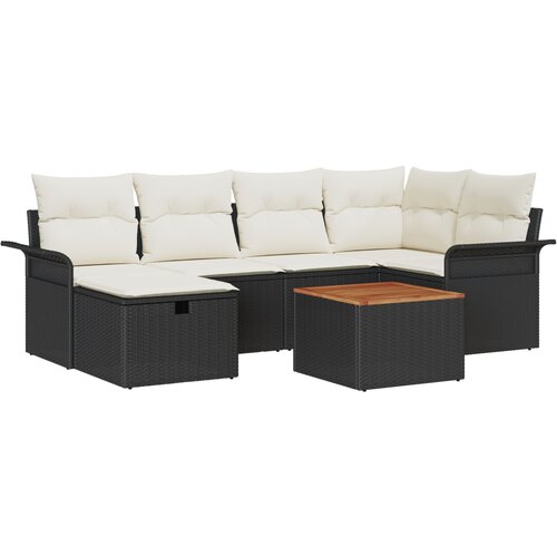 vidaXL 7-delni vrtni set s blazinami, črni poli ratan, 2-sedežna vrtna sofa s shrambo in blazinami, črni poli ratan Cene