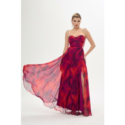 Carmen Fuchsia Tied Slit Printed Evening Dress Slike