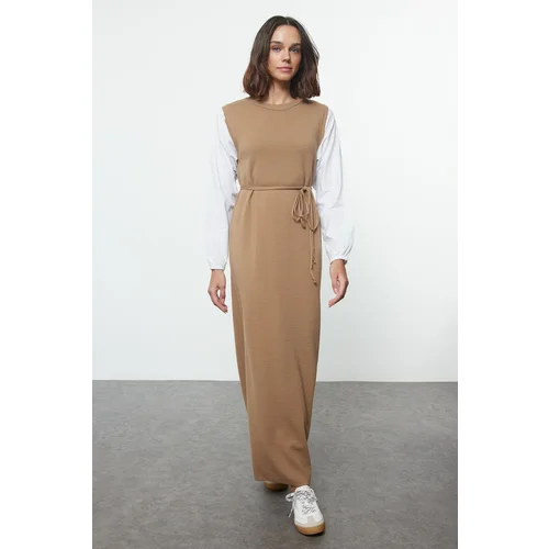 Trendyol Light Beige Sleeves Woven Piece Detailed Waist Tied Knitwear Dress