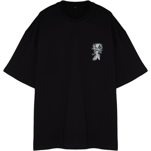 Trendyol men's plus size black oversize/wide fit oriental printed embroidery 100% cotton short sleeve t-shirt Cene