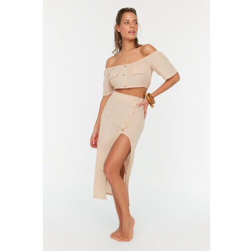 Trendyol Beige Button Detailed Carmen Collar Blouse-Skirt Set Slike