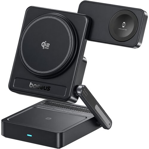 Baseus PicoGo AF21 prenosni 3v1 magnetni brezžični polnilec Qi2.2 35W črne barve za iPhone &amp;amp; AirPods &amp;amp; Apple Watch Slike