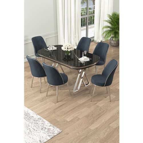 Hanah home Lai - Black Marble, Chrome, Anthracite Black MarbleChromeAnthracite Dining Table & Chairs Set (7 Pieces) Cene