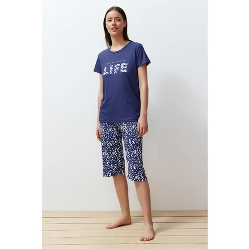 Trendyol Blue Motto Printed Ribbed Capri Knitted Pajamas Set