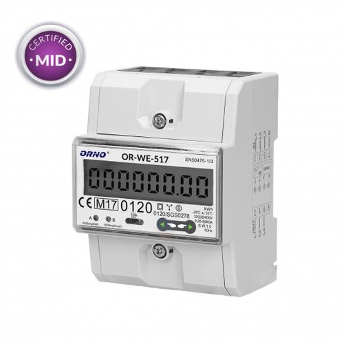 Orno LCD multi-tarifni trofazni merač potro&scaron;nje 80A za DIN &scaron;inu 3P 1000imp/kWh IP51 RS-485 port MID OR-WE-517 Cene