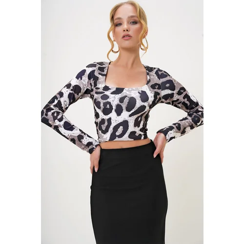 Trend Alaçatı Stili Women's Leopard Square Collar Leopard Patterned Mesh Lined Lycra Crop Blouse