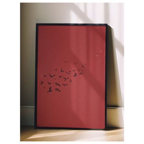 Wallxpert uramljena slika 115209, jato crnih ptica na tamnocrvenoj pozadini, 50 x 70 cm, crni ram Slike