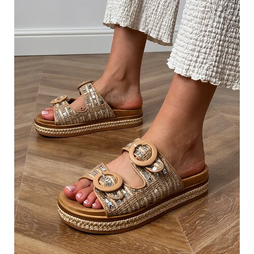 Gemre Lanora beige woven slides with sequins on straps Cene