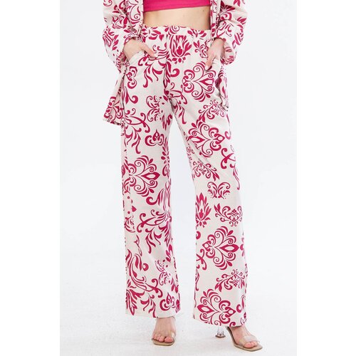 Armonika Women&amp;#039;s Fuchsia Ena Trousers with Elastic Waist and Pocket Detail Linen Look Wide Leg Slike