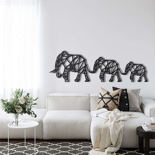 Wallxpert metalni zidni ukras 5051, tri geometrijska slona u nizu, 60 x 19 cm, crni Cene