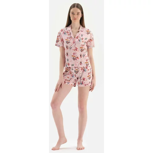 Dagi Light Pink Shirt Collar Tropical Patterned Shorts Knitted Pajamas Set.