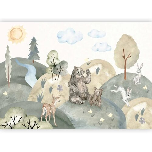  Foto tapeta - Green Hills - a Valley With Animals Painted in Watercolours 150x105 Premium Slike