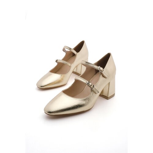 Marjin Women's Chunky Heel Double Strap Classic Heel Shoes Asney Gold Cene