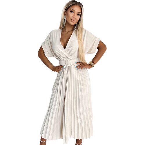 Numoco pleated midi dress with neckline and wide belt Slike