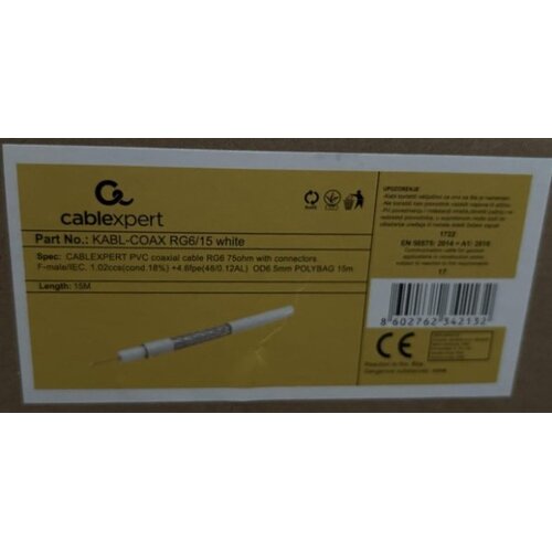 Gembird KABL-COAX-RG6/15 white (X553)** koaksialni kabl RG6 konektor F-male/IEC, conduct.18%, 6.5mm 15m(200) Cene