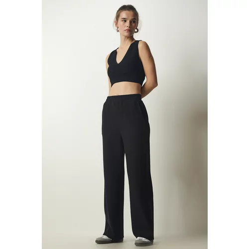 Happiness İstanbul Women's Black Ribbed Knitted Trousers