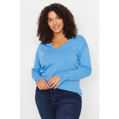 Trendyol Curve Blue V-Neck Button Detailed Knitwear Sweater