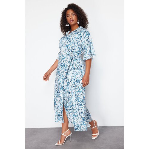 Trendyol Curve White-Blue Shally Woven Plus Size Dress Slike