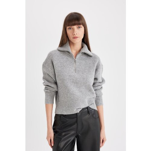 Defacto Women's Gray Relax Fit Half Zipper Stand Collar Thessaloniki Fabric Sweater Slike