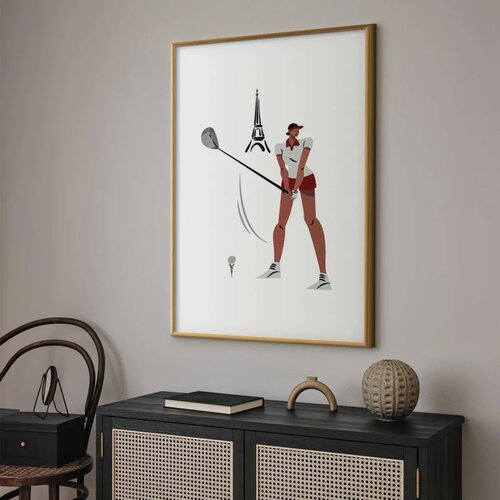  Plakat - Illustration of a Female Golfer with the Eiffel Tower in the Background 40x60 Zlatni okvir s margom Slike