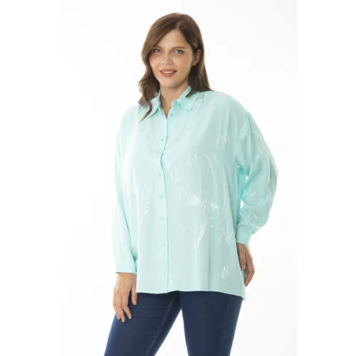 Şans Women's Plus Size Cyan Green Satin Fabric Self Patterned Long Sleeve Shirt