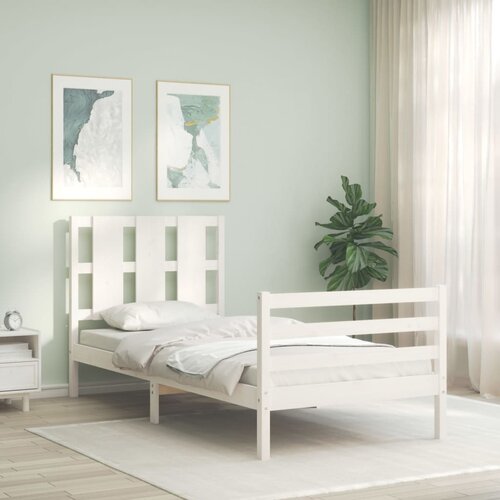 VidaXL Posteljni okvir z vzglavjem bel 90x200 cm trden les Slike