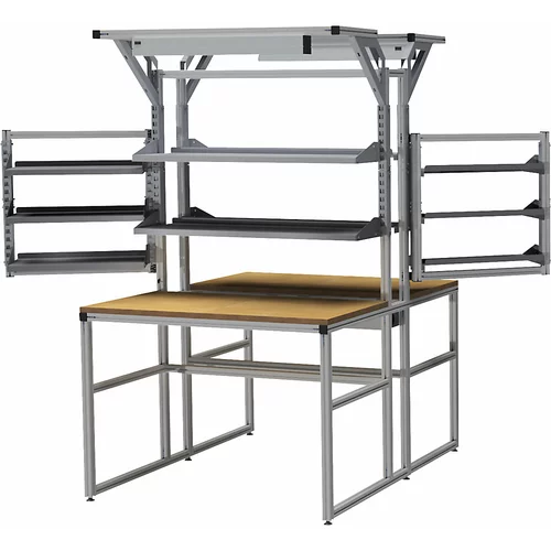 bedrunka hirth Aluminijasta delovna miza s sistemsko nadgradnjo workalu®, dvostranska, 4 police, 2 vrtljiva okvirja, 1 kabelski profil, 2 delovni svet