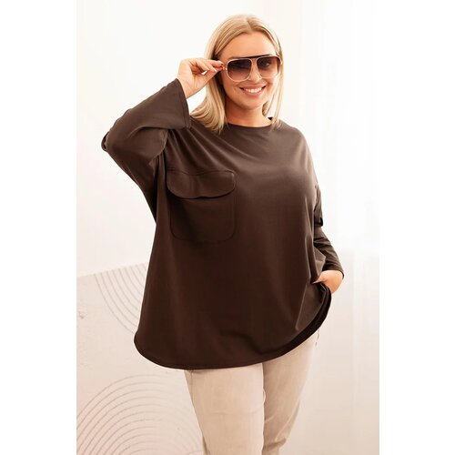 Kesi Włoski Women&amp;#039;s Plus Size blouse with cotton, pocket, and rolled-up sleeve brown Slike