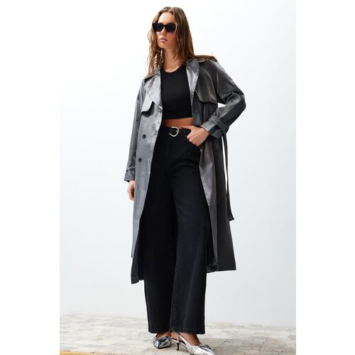 Trendyol Anthracite Oversize Wide Cut Belted Trench Coat Slike