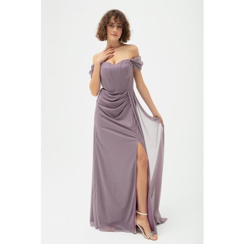 Lafaba Women's Lavender Underwire Corset Detailed Silvery Long Evening Dress Slike