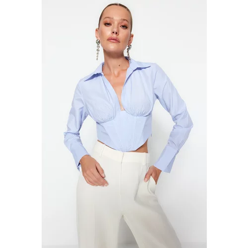 Trendyol Blue and White Striped Poplin Shirt with Corset Detailed