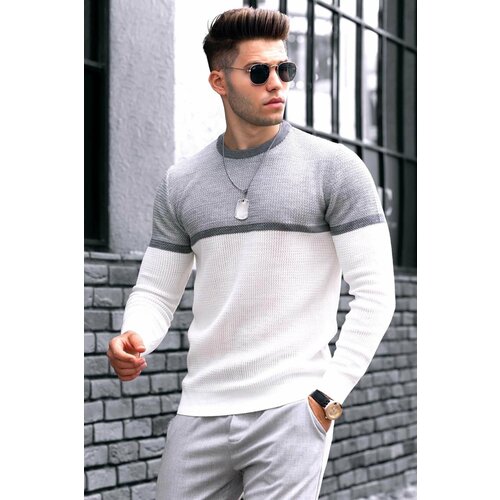 Madmext Men's White Blocky Sweater 4734 Cene