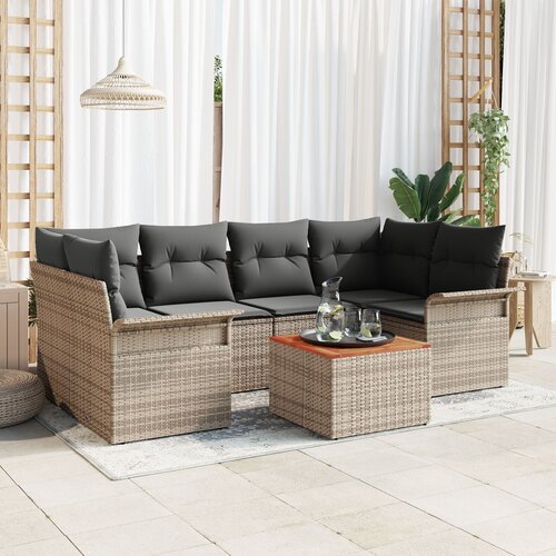 VidaXL 7-delna vrtna sedežna garnitura z blazinami Siva Poly Rattan Akacija Slike