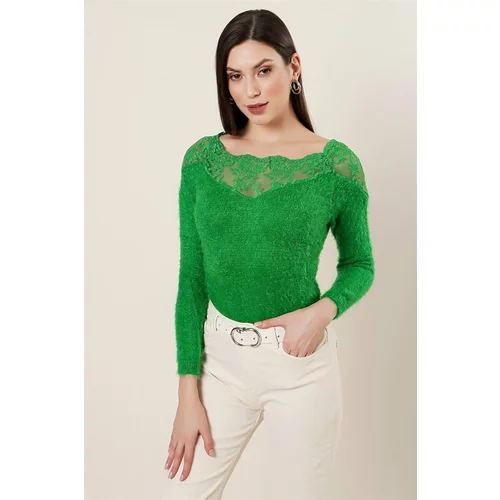 By Saygı Boat Neck Lace Detailed Soft Sweater Green