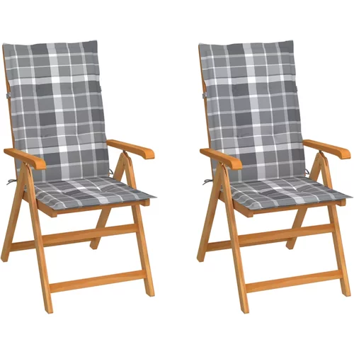 Vrtne stolice sa sivim kariranim jastucima 2 kom od tikovine