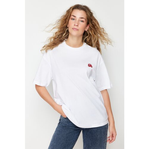 Trendyol white 100% cotton embroidered oversize/wide fit crew neck knitted t-shirt Slike