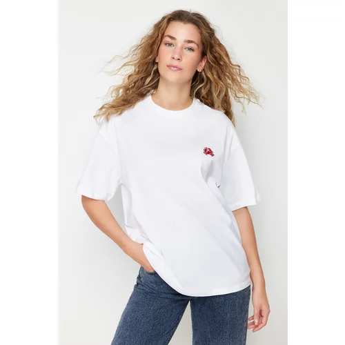 Trendyol White 100% Cotton Embroidered Oversize/Wide Fit Crew Neck Knitted T-Shirt